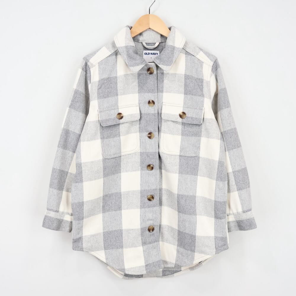 Old Navy Women's Oversized Plaid Button Down Shacket Grey White Size Small NWT